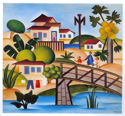O Mamoeiro - Tarsila do Amaral quadro com várias casas e alguns mamoeiros com mamões
