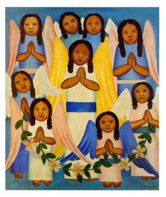 Anjos - Tarsila do Amaral quadro com varias crianças vestidas de anjo com as mãos juntas como se estivessem orando