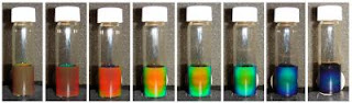 Caption: Image shows the solution of iron oxide in water changing color under a magnetic field, with increasing strength of the field from left to right. Credit: Yin laboratory, UCR. Usage Restrictions: None