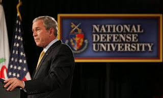 President George W. Bush addresses the National Defense University's Distinguished Lecture Program Tuesday, Oct. 23, 2007, in Washington, D.C. Said the President, 'All of you who wear the uniform are helping to protect this country, and the United States of America is grateful for your service.' White House photo by Chris Greenberg