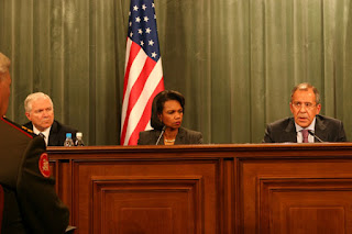 Secretary of Defense Gates, Secretary Rice and Russian Foreign Minister Sergey Lavrov speaking at a post 2+2 Plenary Session press availability. Photo by Valeriy Yevseyev, U.S. Embassy Moscow