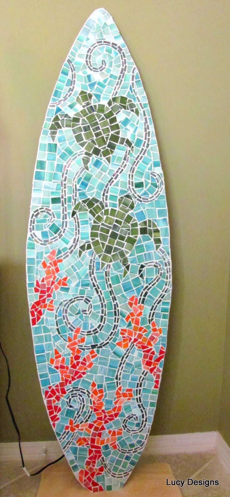 Stained Glass Mosaic Surfboards Sea Turtle, Palm Tree and Ocean Waves