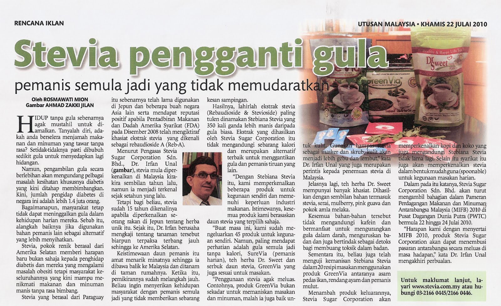  ... Sweet: SteviaSugar CEO, Dr. Irfan Unal in Utusan Malaysia News Article