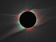 This image of the solar corona contains a color overlay of the emission from highly ionized iron lines and white light taken of the 2008 eclipse This image of the solar corona contains a color overlay of the emission from highly ionized iron lines and white light taken of the 2008 eclipse