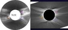 Comparison of the first image of the corona in Fe XI 789.2 nm, taken during the 2006 eclipse, with a white-light image taken by Miloslav Drückmuller from Brno University of Technology in the Czech Republic Comparison of the first image of the corona in Fe XI 789.2 nm, taken during the 2006 eclipse, with a white-light image taken by Miloslav Drückmuller from Brno University of Technology in the Czech Republic