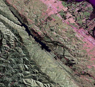 UAVSAR image of the San Andreas fault in the San Francisco Bay area just west of San Mateo and Foster City. UAVSAR image of the San Andreas fault in the San Francisco Bay area just west of San Mateo and Foster City.