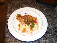 Garlic and Oregano Marinated Chicken with Roasted Pepper and Black Olive Relish with Saffron-Tomato