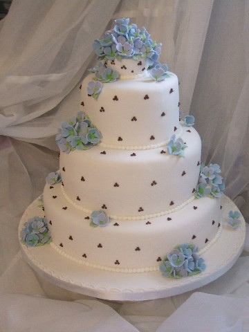 Sugar hydrangea flowers in pale blue on dotted four tier white wedding cake