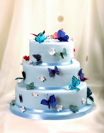 Three tiers of blue iced wedding cake with gorgeous colorful butterflies