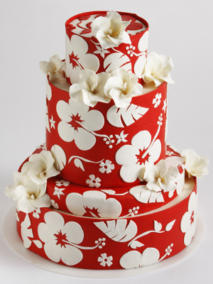 Bright red wedding cake set over three tiers with red and burgundy roses Bright red wedding cake set over three tiers with red and burgundy roses