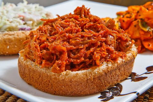 Korean BBQ Pulled Pork Sandwich with Sesame Slaw and a Kimchi Sweet Potato Salad