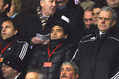 Argentina Manager Diego Maradona looks on from the stands prior to the Barclays Premier League match between Stoke City and Liverpool at the Britannia Stadium in Stoke, England.