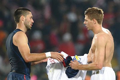 England's midfielder Steven Gerrard exchanges his jersey with USA defender Carlos Bocanegra during their Group C first round 2010 World Cup football match on June 12, 2010 at Royal Bafokeng stadium in Rustenburg.