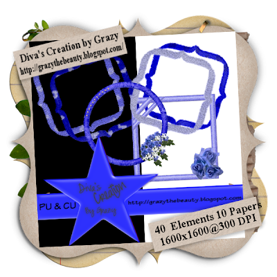 Grazy's Blue Corner Freebie Kit 40 Elements 10 Papers Creation By Grazy Frame+Preiew1