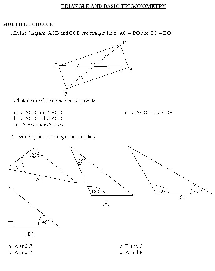 "MATH WORKSHEET" , TRIANGLE AND BASIC TRIGONOMETRY - MathsAnimation