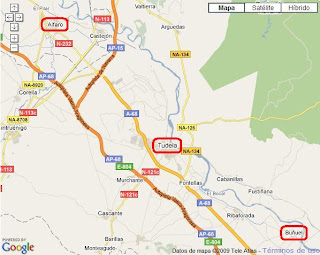 Mapa de la zona con Alfaro, Tudela y Buñuel señalados