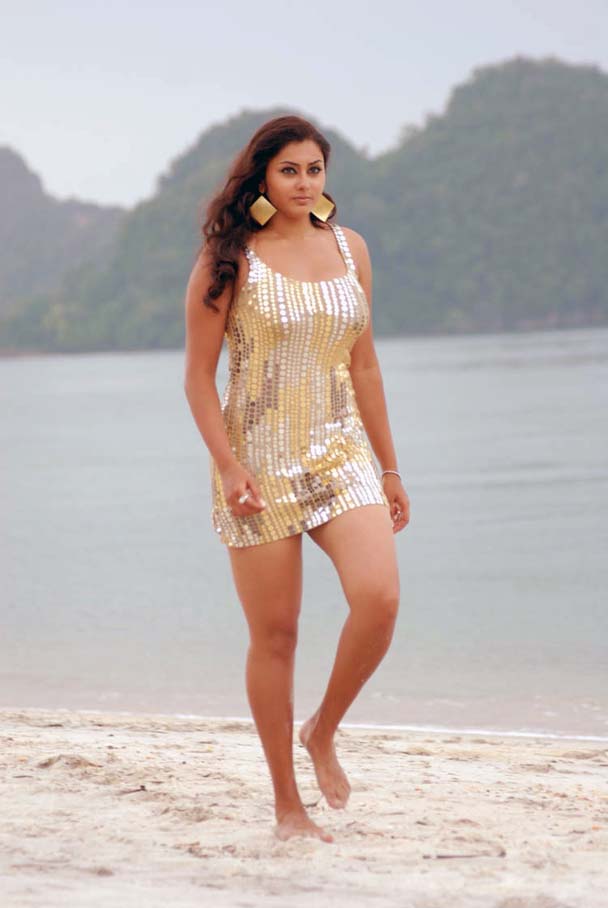 Namitha Hot Beach Pics in Golden Dress 