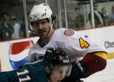 Credit:Jane Rickard, Boris Valabik *gently* pushes Rick Rypien into the glass in the Chicago defensive zone, effectively taking him out of the play, good man, that Boris.