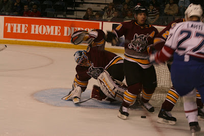 Credit: Jane Rickard, this looks like Brathwaite falling but Steve Martins is defending his goalie from a Hamilton player.
