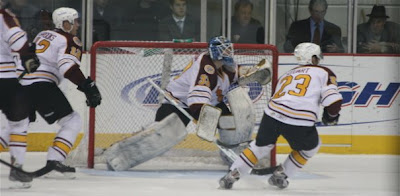 Credit:Jane Rickard, Chicago golaie Robert Gherson had a good night turning away 28 SOG, much improved performance over his last game.