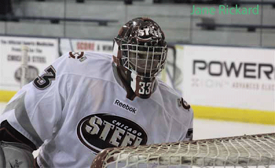 Credit:Powderhornhockey: Chicago Steel Goalie Nick Pisiellini has his game face on.