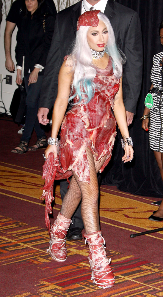 lady gaga meat dress pictures. Lady Gaga#39;s meat dress,
