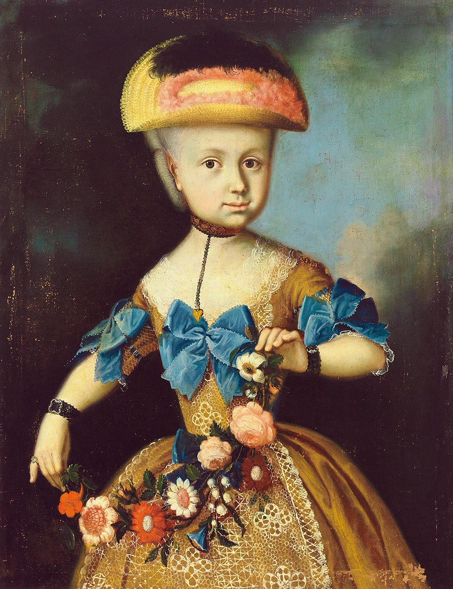 Vintage Ephemera Portrait Painting Of French Girl With Flowers 1777