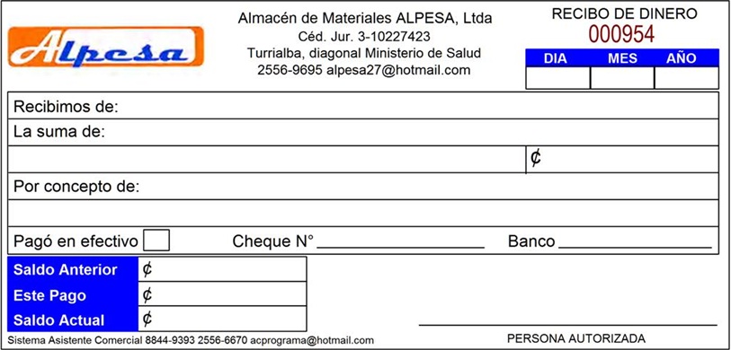 asistente comercial recibos de dinero manuales
