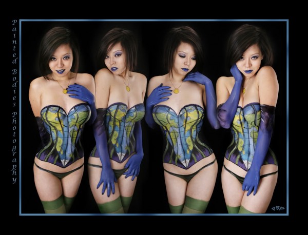 One model different poses with body painting art.