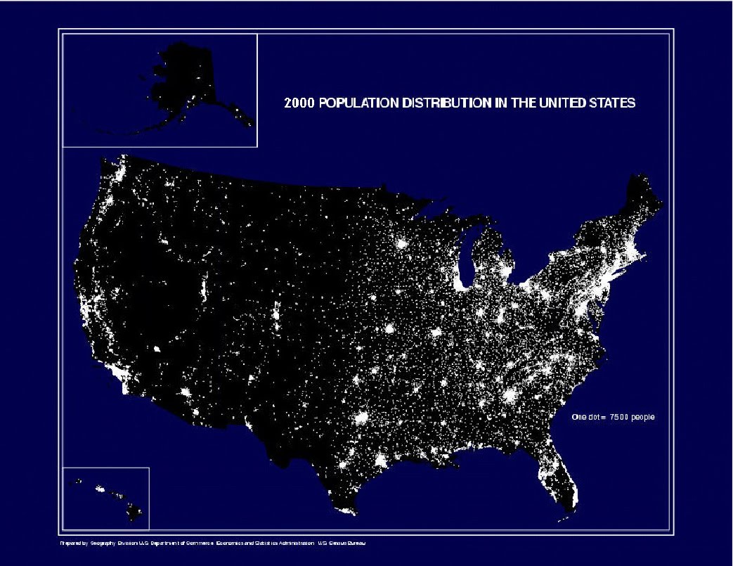 this map from the us census bureau shows population density in the us the more dots in an area the more populated it is this map from the us census bureau shows population density in the us the more dots in an area the more populated it is