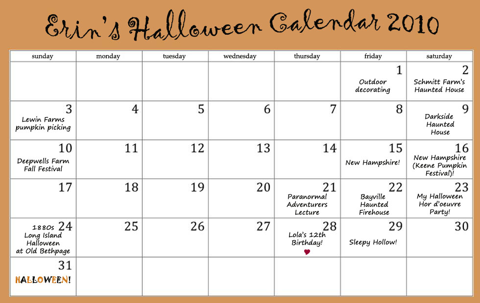 bygone living erins halloween calendar 2010 calnder for 2010