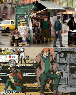 Fotogramas en donde se comparan la construcción de la escena relizada por Gibbons en la historieta (abajo), frente al plató construído para la película