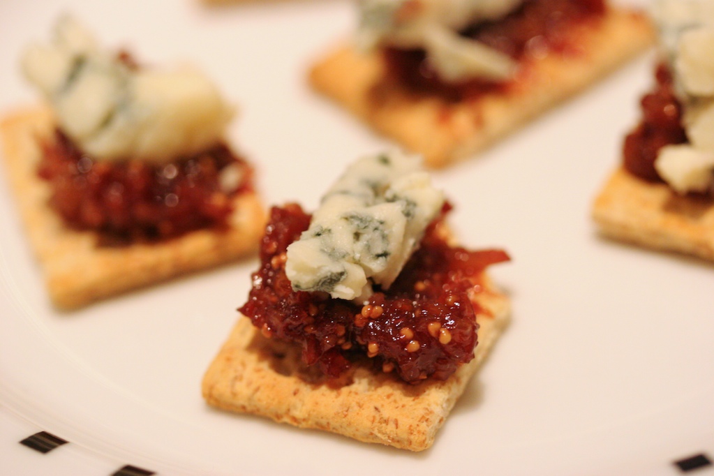 Two Fat Als Fig Spread with Blue Cheese on Crackers