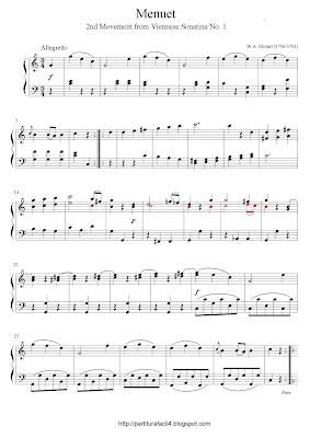 Partitura de piano gratis de Wolfgang Amadeus Mozart: Menuet (Segundo movimiento, Sonatina Vienesa, No.1)