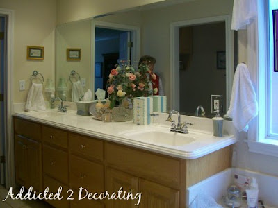 Master bathroom before redesign--light oak cabinets, builders-grade plate glass mirror, builders white walls