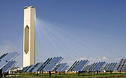 The PS10 concentrates sunlight from a field of heliostats on a central tower.</