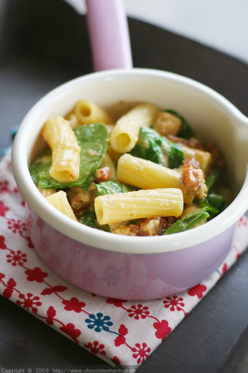 Chocolate Shavings Creamy Spinach Pasta with Pancetta and a Cookbook