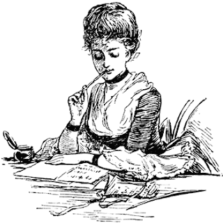 A sketch of a nineteenth century era woman preparing to write a letter