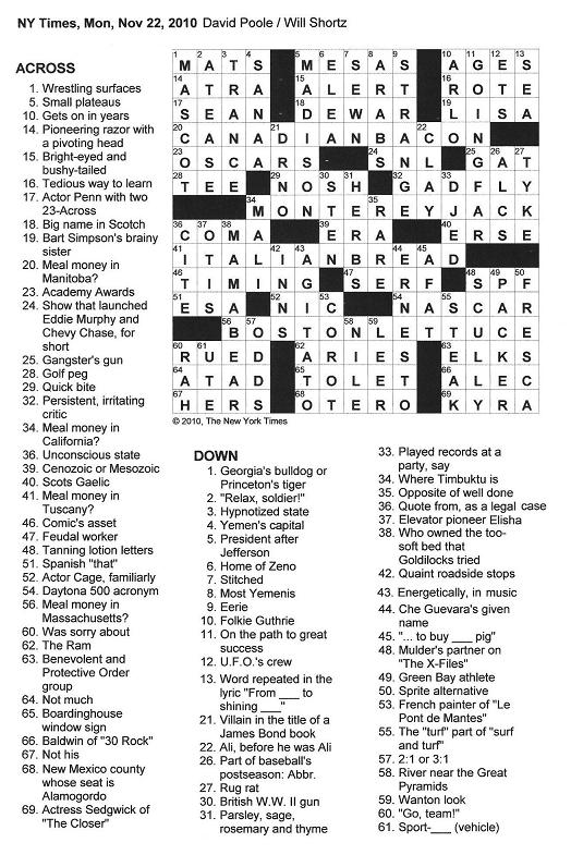 The New York Times Crossword in Gothic: 11.22.10 — Monday Meal Money