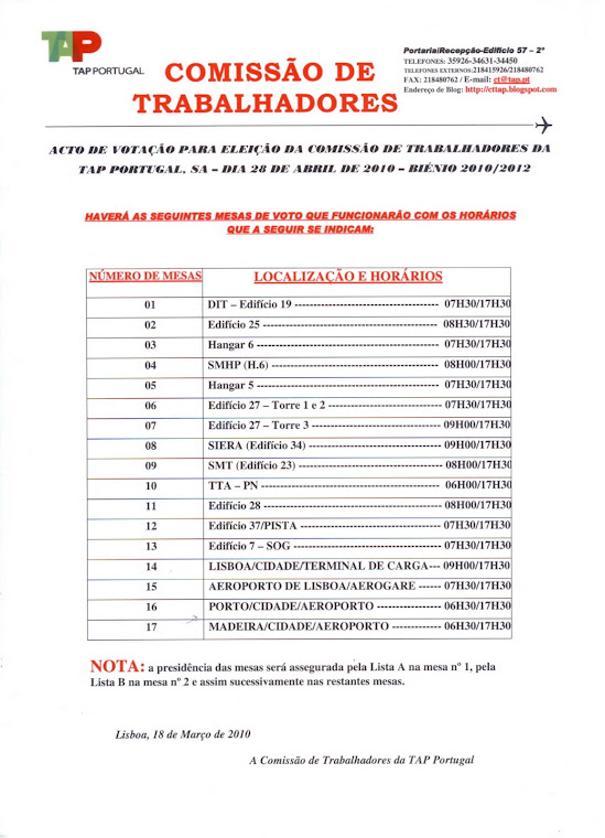 Mesas de voto e horários de funcionamento