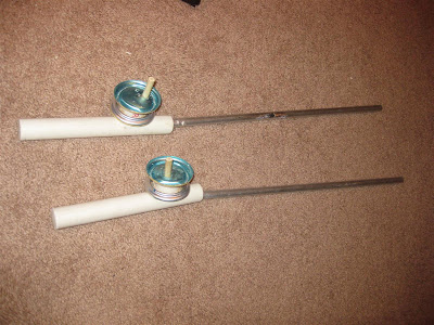 homemade ice fishing poles, aluminum, beer can, pvc tube
