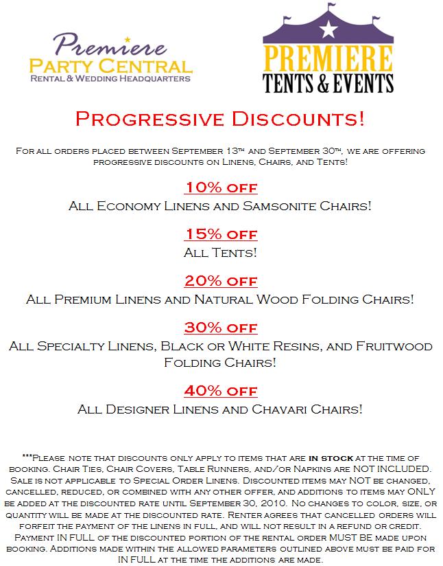 Premiere Party Central / Premiere Tents and Events Progressive Discounts! Now Through September