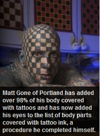 Man tattoos eyeballs.