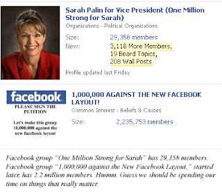 Comparing Facebook groups 1 million strong for Sarah and 1 Million Against the New Facebook layout