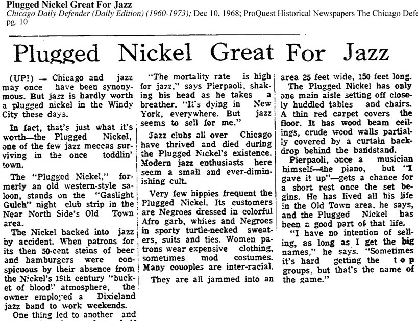 Plugged Nickel "Plugged Nickel Great For Jazz" Chicago Daily Defender