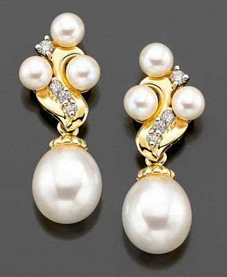 Gold Earrings, Cultured Freshwater Pearl and Diamond Gold Earrings, Cultured Freshwater Pearl and Diamond