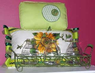 Green CV pillows in the red room
