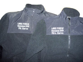 A honeymoon celebration commemoration in the form of his and hers jackets.