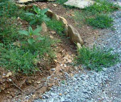 Homemade drainage ditches with rocks