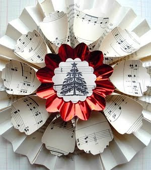 vintage paper wreath christmas tree art and sheet music petals